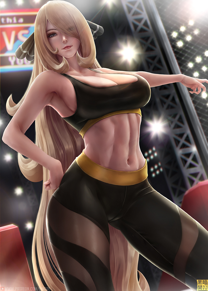 1girl abs arena armpits ass_visible_through_thighs bangs blonde_hair breasts cleavage creatures_(company) game_freak hair_over_one_eye hand_on_hip limgae long_hair looking_at_viewer navel nintendo outstretched_arm pants pokemon pokemon_(game) pokemon_dppt shirona_(pokemon) sleeveless smile solo sports_bra standing stomach swept_bangs toned very_long_hair yoga_pants