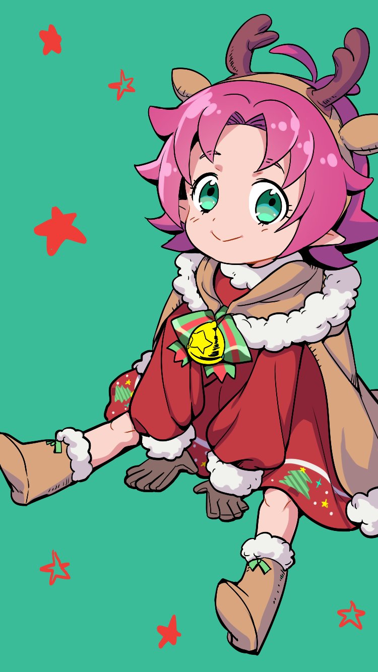 1girl antlers bell boots brown_gloves cape closed_mouth dress fa fire_emblem fire_emblem:_fuuin_no_tsurugi fire_emblem_heroes full_body fur_trim gloves green_background green_eyes highres long_sleeves mamkute nichihamueasler nintendo pointy_ears purple_hair reindeer_antlers short_hair simple_background sitting smile solo