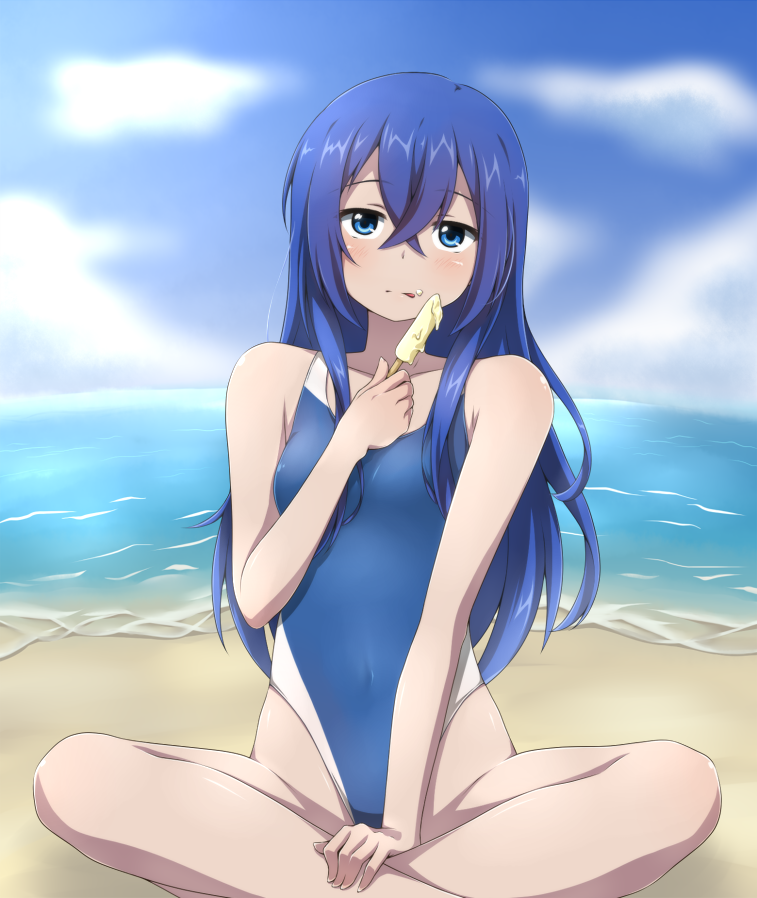 1girl astarte_(strike_the_blood) beach blue_eyes blue_hair blue_sky blue_swimsuit clouds collarbone competition_swimsuit cream cream_on_face day eyebrows_visible_through_hair food food_on_face hair_between_eyes highleg highleg_swimsuit holding holding_food indian_style long_hair looking_at_viewer ocean one-piece_swimsuit outdoors shiny shiny_hair sitting sky solo strike_the_blood swimsuit tongue tongue_out very_long_hair yyi
