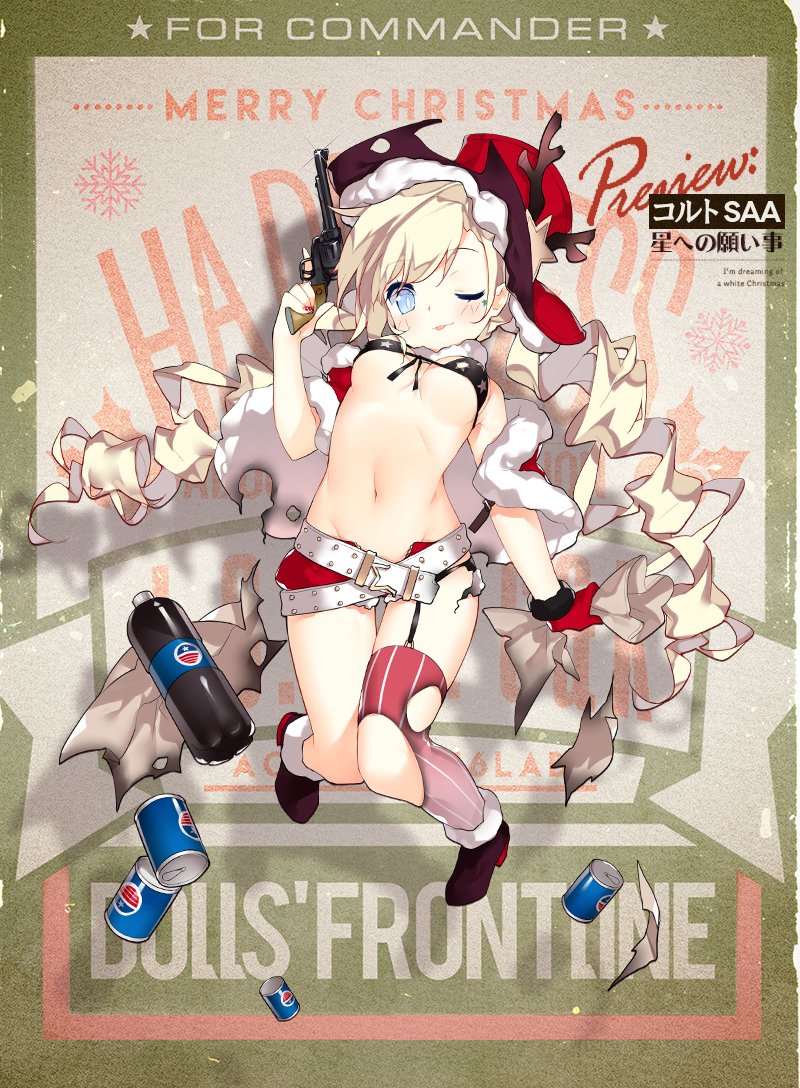 1girl alternate_costume belt bikini_top black_footwear blonde_hair blue_eyes blush boots breasts can christmas coat colt_m1873_(girls_frontline) colt_saa commentary_request girls_frontline gloves gun handgun hat holding long_hair looking_at_viewer navel official_art red_coat red_gloves red_hat revolver sack short_shorts shorts single_thighhigh small_breasts smile soda soda_bottle soda_can solo striped striped_legwear thigh-highs torn_clothes torn_legwear twintails weapon