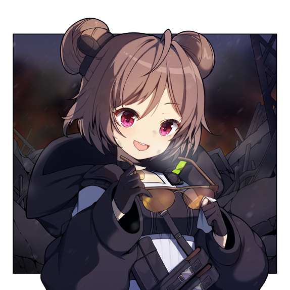 1girl :d bangs black_gloves black_jacket blush braid brown-framed_eyewear brown_hair cleaning_glasses commentary double_bun eyebrows_visible_through_hair girls_frontline gloves hair_between_eyes head_tilt holding holding_eyewear hood hood_down hooded_jacket jacket long_sleeves open_mouth p90_(girls_frontline) partly_fingerless_gloves puffy_long_sleeves puffy_sleeves round_teeth side_braid smile solo sunglasses teeth tp_(kido_94) upper_body upper_teeth violet_eyes