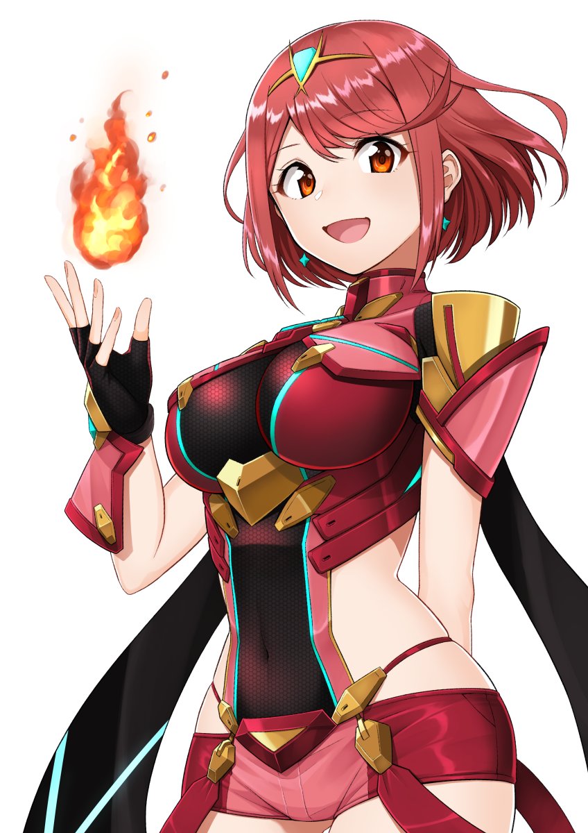 1girl bangs breasts earrings fingerless_gloves fire gloves headpiece highres pyra_(xenoblade) jewelry large_breasts looking_at_viewer lourie nintendo open_mouth red_eyes red_shorts redhead short_hair shorts shoulder_armor simple_background solo swept_bangs tiara white_background xenoblade_(series) xenoblade_2