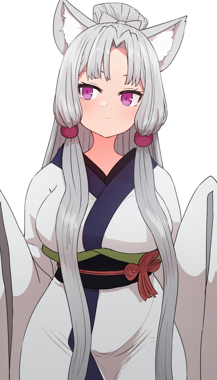 1girl animal_ears bangs blush bow breasts closed_mouth commentary grey_bow grey_hair grey_kimono hair_bow highres japanese_clothes kimono large_breasts long_hair long_sleeves obi parted_bangs ponytail sash simple_background sleeves_past_fingers sleeves_past_wrists solo standing sumiyao_(amam) touhoku_itako very_long_hair violet_eyes voiceroid white_background wide_sleeves