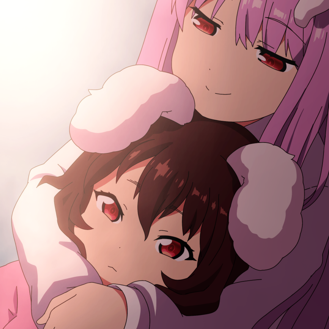 2girls animal_ears brown_hair commentary_request eyebrows_visible_through_hair eyes_visible_through_hair floppy_ears hair_between_eyes hug hug_from_behind inaba_tewi long_hair long_sleeves multiple_girls parody purple_hair rabbit_ears red_ribbon reisen_udongein_inaba ribbon shirosato short_hair smile ssss.gridman touhou