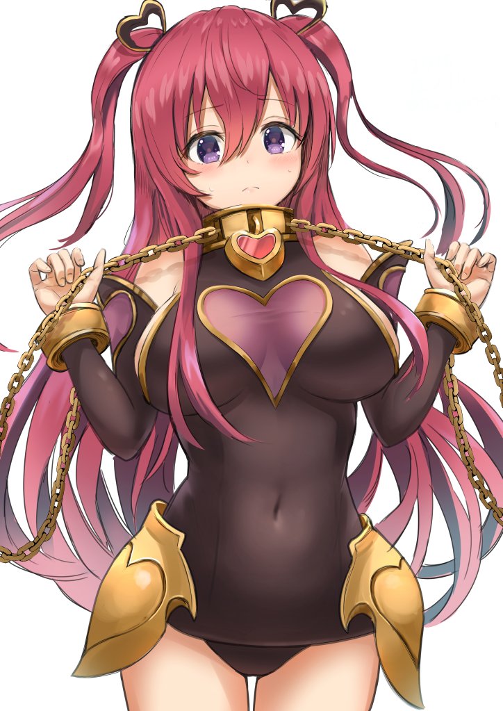 1girl armpit_crease bangs bare_shoulders blush breasts breasts_apart chains closed_mouth collar covered_navel cowboy_shot dargo detached_sleeves eyebrows_visible_through_hair faulds floating_hair frown hair_between_eyes hair_ornament hands_up head_tilt heart heart_hair_ornament holding large_breasts legs_apart long_hair long_sleeves looking_at_viewer princess_connect! princess_connect!_re:dive redhead simple_background solo standing sweat taut_clothes tomi_kuka two_side_up very_long_hair violet_eyes white_background
