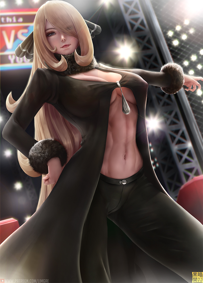 1girl abs arena bangs blonde_hair breasts cleavage covered_nipples creatures_(company) fur_trim game_freak hair_over_one_eye hand_on_hip jacket limgae long_hair looking_at_viewer navel nintendo outstretched_arm pants pokemon pokemon_(game) pokemon_dppt shirona_(pokemon) smile solo stomach swept_bangs tight tight_pants toned under_boob very_long_hair