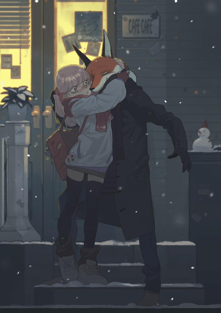 1boy 1girl bag black_scarf blinds blush boots bow ears face-to-face fingerless_gloves flower fox gloves hair_bow hat highres hug keychain lan_se_fangying medium_hair original pink_hair red_eyes red_scarf scarf shop signature skirt smile snow snowman stairs star storefront sweater thigh-highs