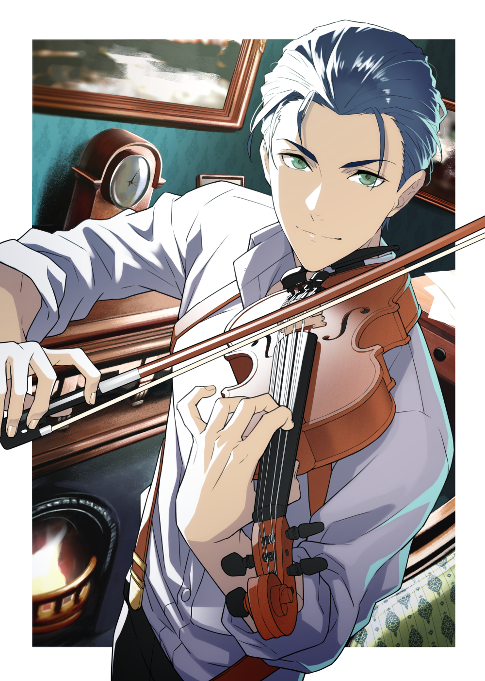 1boy black_hair clock fate/grand_order fate_(series) fireplace green_eyes highres instrument looking_at_viewer male_focus music natsuko_(bluecandy) playing_instrument sherlock_holmes_(fate/grand_order) sleeves_rolled_up solo solo_focus suspenders violin