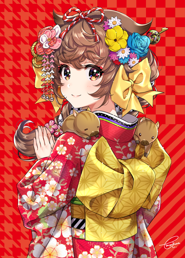 1girl blue_flower blue_rose blush brown_eyes brown_hair chinese_zodiac closed_mouth commentary_request fingernails floral_print flower hair_flower hair_ornament hands_up japanese_clothes kimono long_hair looking_at_viewer looking_to_the_side morikura_en obi original own_hands_together print_kimono red_background red_kimono rose sash signature smile solo upper_body year_of_the_pig