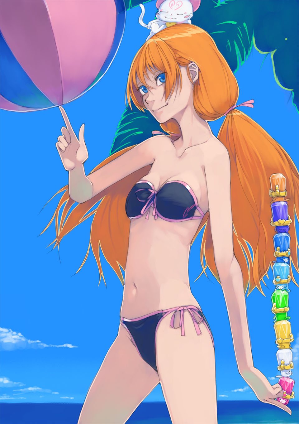 1girl akinbo_(hyouka_fuyou) animal animal_on_head ball beachball bikini black_bikini blue blue_sky breasts cleavage collarbone cowboy_shot eyes fairy_tone front-tie_bikini front-tie_top hair_between_eyes hair_ribbon highres houjou_hibiki hummy_(suite_precure) index_finger_raised long_hair ocean on_head orange_hair outdoors pink_ribbon precure ribbon shiny shiny_hair side-tie_bikini sky small_breasts smile solo standing strapless strapless_bikini suite_precure swimsuit twintails very_long_hair