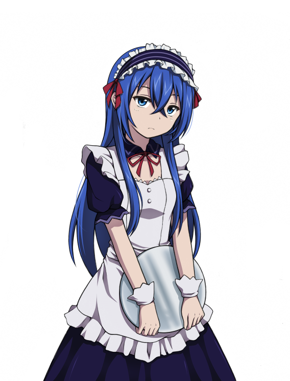 apron astarte_(strike_the_blood) blue_eyes blue_hair blue_shirt blue_skirt choker frills hair_between_eyes hair_ribbon holding holding_plate long_hair long_skirt maid maid_headdress multiple_girls neck_ribbon plate red_ribbon ribbon shiny shiny_hair shirt short_sleeves simple_background skirt solo standing strike_the_blood very_long_hair white_apron white_background wrist_cuffs yyi