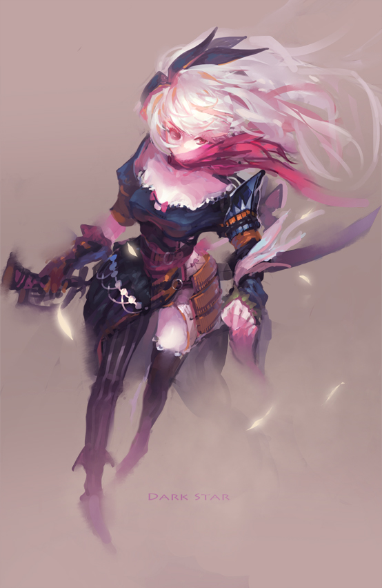1girl armor belt belt_buckle boots bow buckle cabalfan gloves glowing grey_background hair_ribbon holding holding_sword holding_weapon long_hair mismatched_legwear original pauldrons red_eyes red_scarf ribbon scarf simple_background solo striped striped_legwear sword thigh-highs weapon white_hair