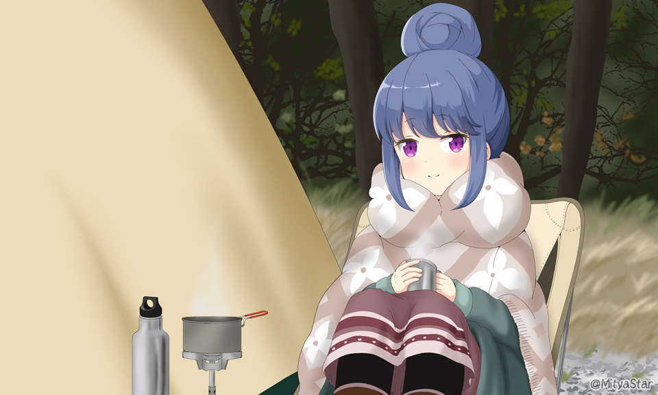 1girl bangs black_legwear blue_hair blush boots brown_footwear brown_skirt chair closed_mouth commentary_request cup day eyebrows_visible_through_hair green_jacket hair_bun head_tilt holding holding_cup jacket long_sleeves miicha mug on_chair outdoors pantyhose portable_stove shima_rin sidelocks sitting skirt smile solo steam tent tree twitter_username violet_eyes yurucamp