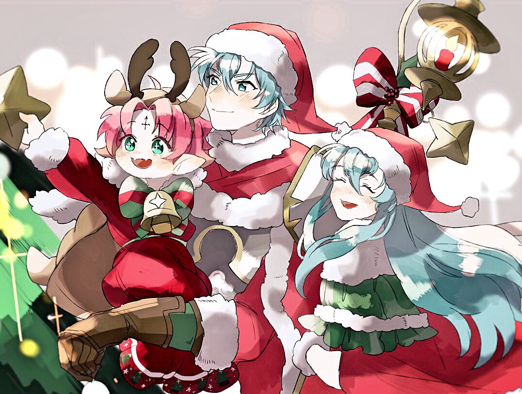 +_+ 1boy 2girls antlers aqua_eyes aqua_hair bell bow brother_and_sister brown_gloves candle cape carrying christmas_tree closed_eyes closed_mouth dress eirika ephraim fa fire_emblem fire_emblem:_fuuin_no_tsurugi fire_emblem:_seima_no_kouseki fire_emblem_heroes fur_trim gloves green_eyes hat long_hair long_sleeves mamkute multiple_girls nintendo nonomori_(anst_nono) open_mouth pointy_ears pom_pom_(clothes) purple_hair red_hat reindeer_antlers santa_costume santa_hat short_hair siblings star