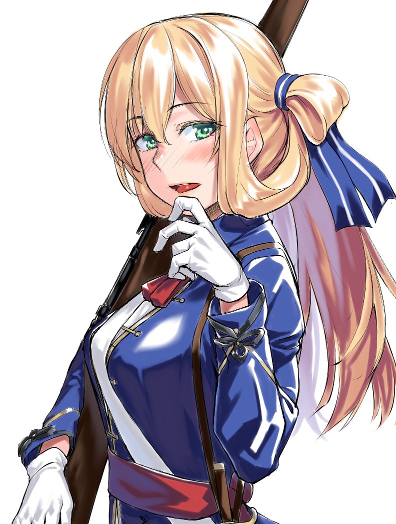 1girl blonde_hair blue_jacket blush commentary_request eyebrows_visible_through_hair from_side girls_frontline gloves green_eyes gun h_kasei hair_between_eyes hair_ornament hand_up jacket long_hair long_sleeves looking_at_viewer m1903_springfield m1903_springfield_(girls_frontline) neck_ribbon object_namesake open_mouth red_neckwear red_ribbon ribbon rifle sash shirt simple_background solo weapon white_background white_gloves white_shirt