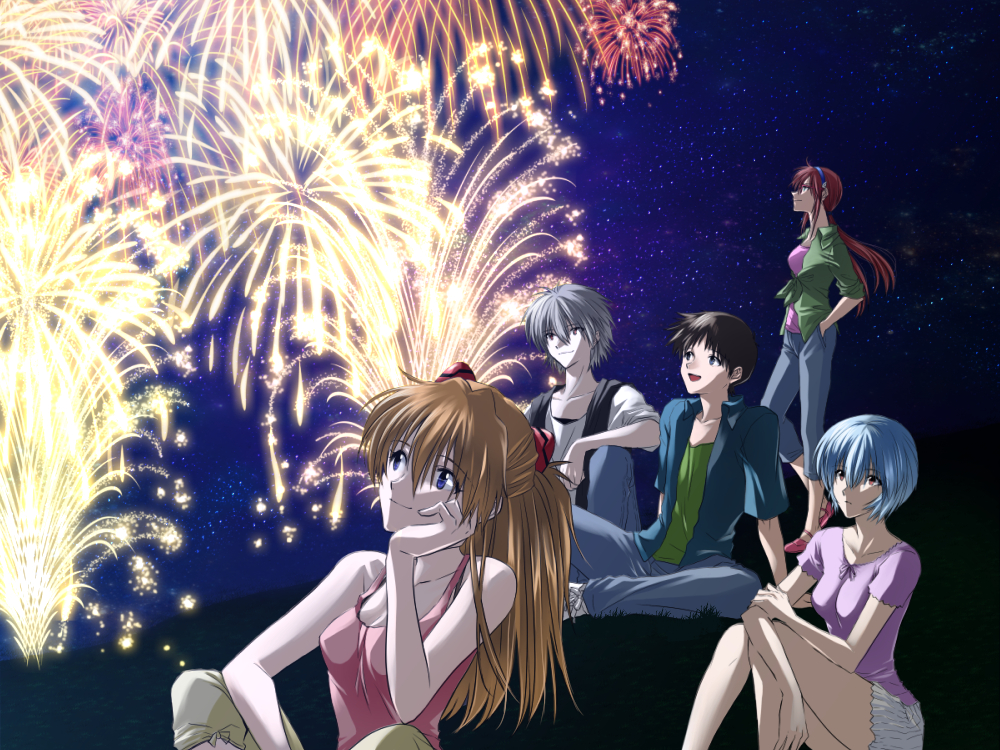 2boys 3girls ayanami_rei black_hair blue_eyes blue_hair blue_hairband blue_pants blue_shirt breasts brown_hair brown_pants cleavage collarbone denim fireworks floating_hair hair_between_eyes hairband hand_in_pocket head_rest ikari_shinji jeans long_hair looking_up makinami_mari_illustrious medium_breasts miniskirt multiple_boys multiple_girls nagisa_kaworu neon_genesis_evangelion night open_clothes open_shirt outdoors pants pink_shirt ponytail rebuild_of_evangelion sakuma shirt short_hair sitting skirt sky sleeveless sleeveless_shirt smile souryuu_asuka_langley star_(sky) starry_sky tied_shirt white_skirt