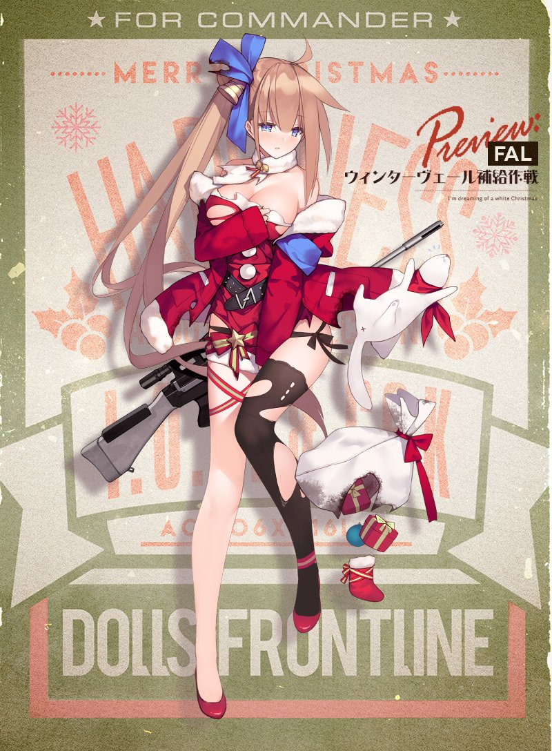 1girl ahoge alternate_costume bangs battle_rifle blue_bow blue_eyes blush bow breasts brown_hair choker christmas cleavage commentary_request dress eyebrows_visible_through_hair fal_(girls_frontline) fn_fal girls_frontline gun long_hair looking_at_viewer medium_breasts official_art red_bow ribbon rifle side_ponytail single_thighhigh solo suisai thigh-highs torn_clothes torn_legwear weapon