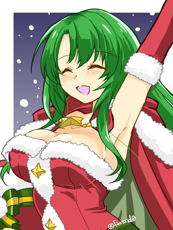 1girl arm_up breasts cecilia_(fire_emblem) cleavage closed_eyes commentary_request elbow_gloves fire_emblem fire_emblem:_fuuin_no_tsurugi fire_emblem_heroes fur_trim gloves green_hair long_hair nintendo open_mouth red_gloves solo twitter_username upper_body yukia_(firstaid0)