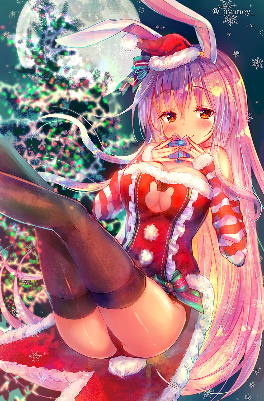 1girl alternate_costume animal_ears ayane_yui bare_shoulders black_legwear blush box breasts bunny_cutout christmas_lights christmas_tree cleavage cleavage_cutout closed_mouth commentary_request dress elbow_gloves eyebrows_visible_through_hair feet_out_of_frame full_moon gift gift_box gloves hair_between_eyes hands_up hat highres large_breasts legs_up long_hair looking_at_viewer moon night orange_eyes panties pantyshot pantyshot_(sitting) pink_hair pom_pom_(clothes) rabbit_ears red_dress red_gloves red_hat red_panties reisen_udongein_inaba santa_costume santa_hat sitting smile solo striped striped_gloves thigh-highs touhou twitter_username underwear very_long_hair