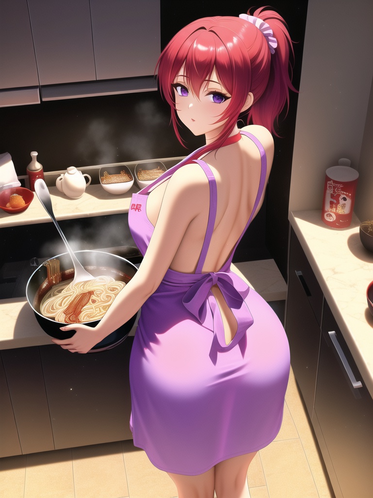 apron ass back bare_back bare_shoulders cooking kitchen looking_at_viewer looking_back noodles ramen redhead shmebulock36 violet_eyes