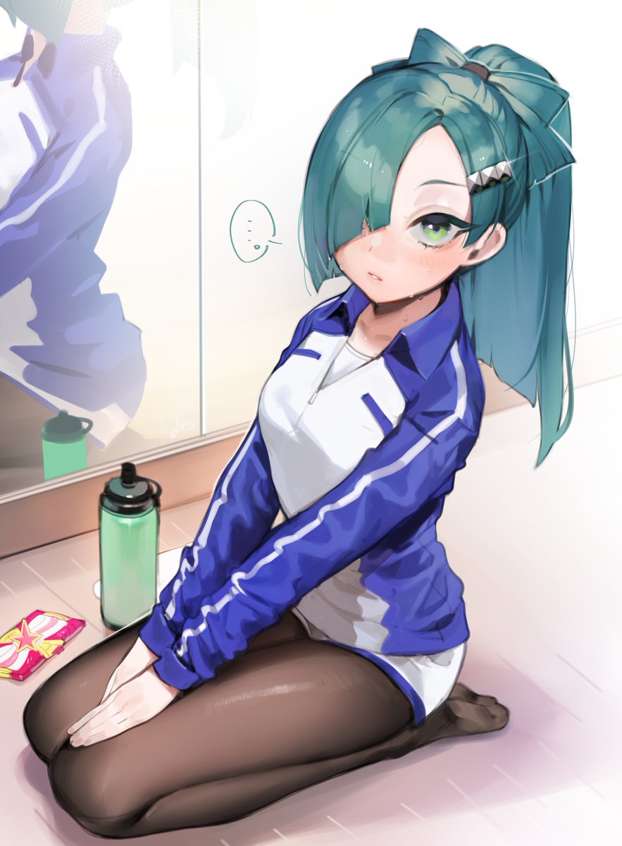 ... 1girl bad_id bad_twitter_id bottle bow collared_jacket glint green_eyes green_hair hair_bow hair_ornament hair_over_one_eye hairclip highres jay_(shining_star) long_hair long_sleeves looking_at_viewer mirror no_shoes ohisashiburi one_eye_covered pantyhose parted_lips ponytail raglan_sleeves reflection seiza shining_star shirt sitting solo spoken_ellipsis sweat water_bottle white_shirt