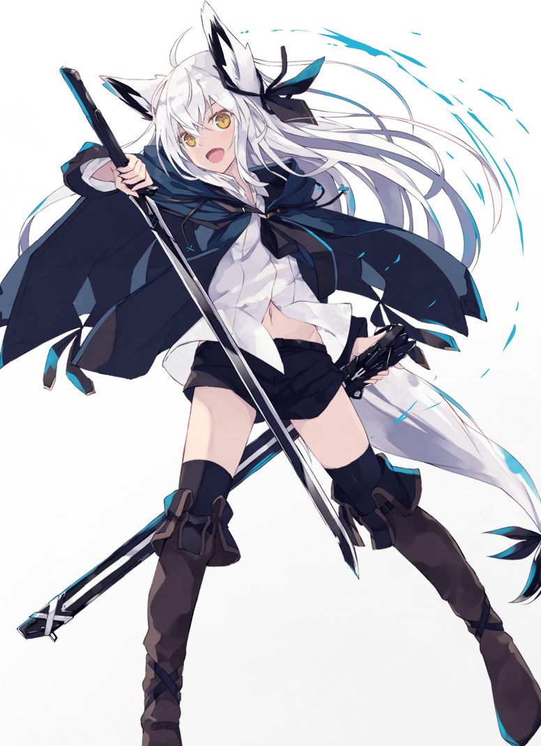 1girl :d animal_ear_fluff animal_ears black_legwear boots cape fox_ears fox_girl fox_tail hood hood_down hooded_cape jacket knee_boots long_hair long_sleeves nagishiro_mito navel open_mouth original scabbard sheath shirt short_shorts shorts smile sword tail thigh-highs unsheathed weapon white_background white_hair yellow_eyes