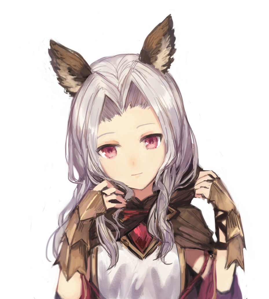 1girl animal_ears erune granblue_fantasy hair_intakes hood hood_down looking_at_viewer medium_hair pink_eyes scathacha_(granblue_fantasy) sha_(isago) silver_hair simple_background smile solo upper_body vambraces white_background