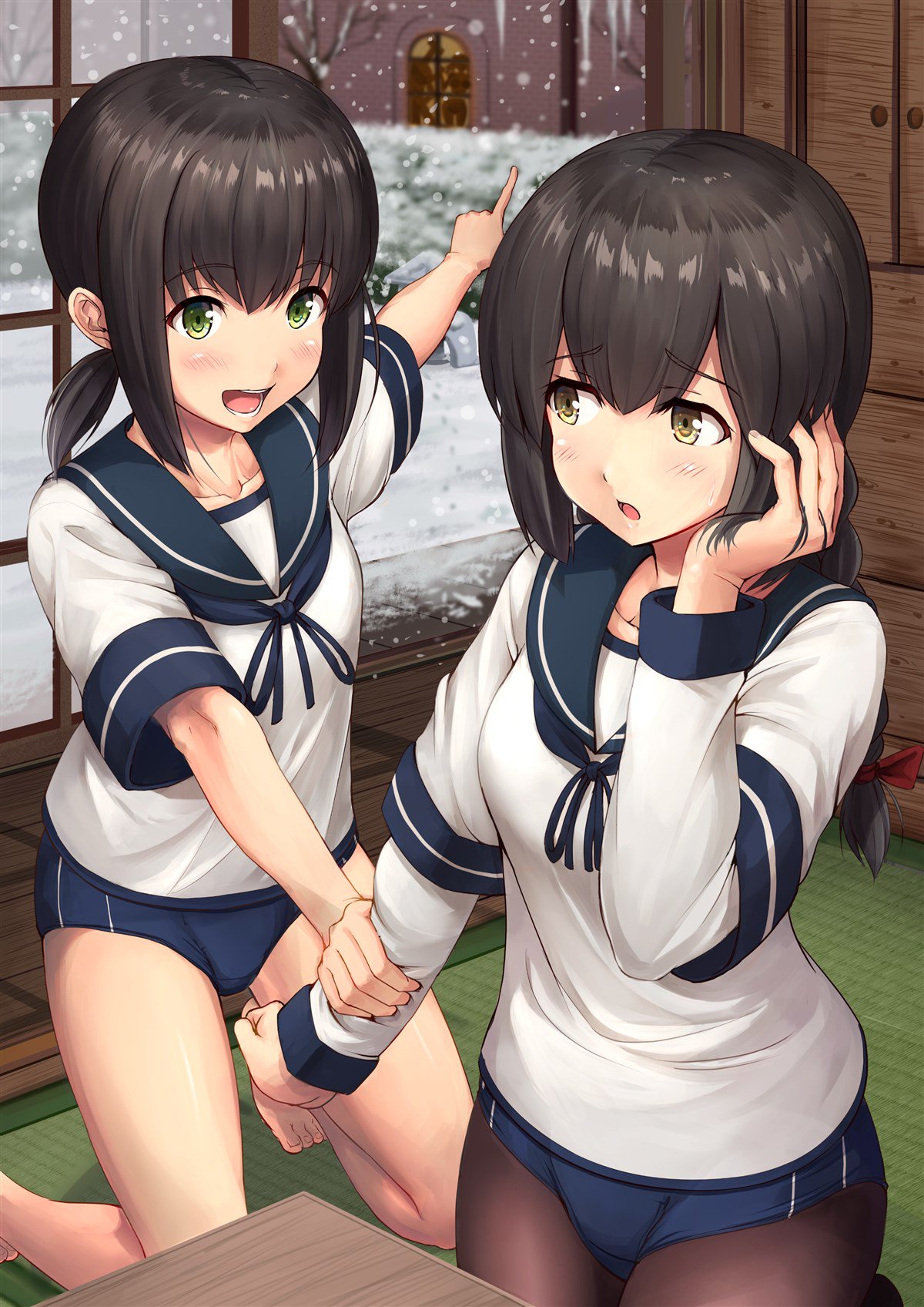 2girls adapted_costume arm_warmers bare_legs black_hair black_legwear blue_buruma blush breasts buruma collarbone commentary_request eyebrows_visible_through_hair fubuki_(kantai_collection) green_eyes hand_on_own_cheek highres holding_another's_arm ichikawa_feesu indoors isonami_(kantai_collection) kantai_collection long_hair long_sleeves looking_at_another looking_at_viewer multiple_girls open_mouth open_window pantyhose pointing ponytail school_uniform serafuku short_hair short_sleeves sidelocks small_breasts snow tatami window winter yellow_eyes