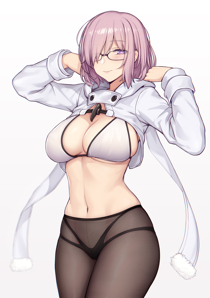 1girl arms_up bikini blush breasts cleavage closed_mouth cropped_jacket evan_yang fate/grand_order fate_(series) glasses hair_over_one_eye highres hips jacket lavender_hair looking_at_viewer mash_kyrielight navel pantyhose short_hair shrug_(clothing) simple_background smile solo swimsuit thighs violet_eyes white_background white_bikini white_jacket