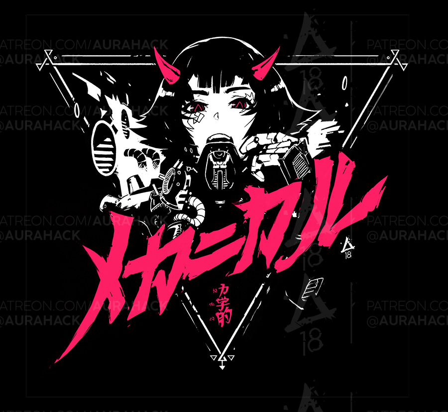 1girl android check_translation erica_june_lahaie horns monochrome open_mouth original short_hair signature solo spot_color translation_request triangle twitter_username watermark web_address