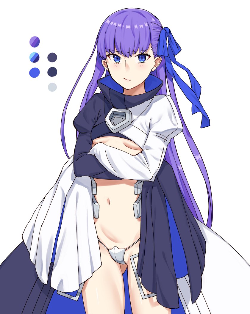 1girl blue_eyes blue_ribbon breasts color_guide crossed_arms crotch_plate fate/extra fate/extra_ccc fate/grand_order fate_(series) frown hair_ribbon long_hair long_sleeves meltlilith michihasu midriff navel purple_hair ribbon simple_background sleeves_past_wrists solo under_boob white_background