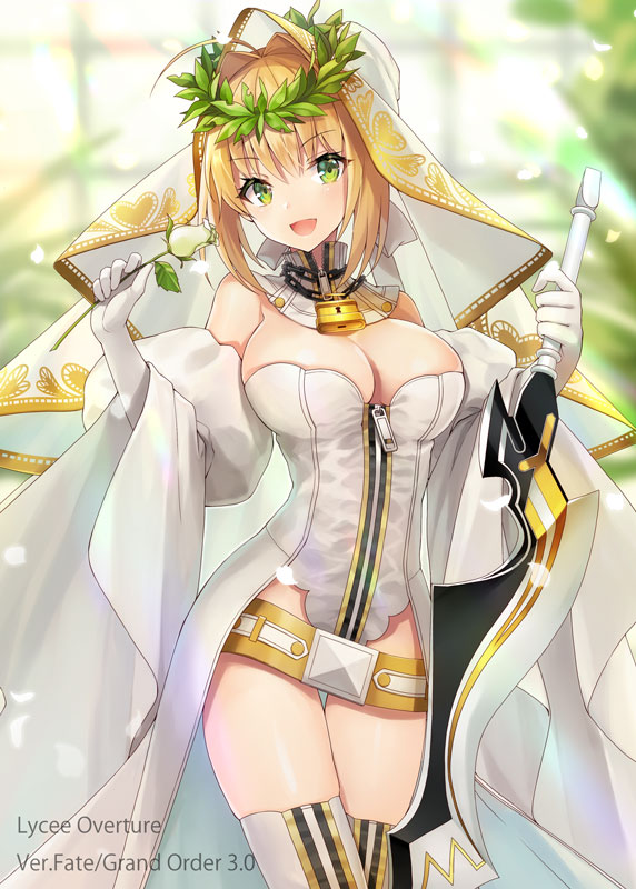 1girl :d aestus_estus bangs blonde_hair blurry blurry_background breasts cleavage commentary_request copyright_name depth_of_field detached_sleeves eyebrows_visible_through_hair fate/grand_order fate_(series) flower full-length_zipper green_eyes green_flower hair_between_eyes head_tilt holding holding_flower holding_sword holding_weapon juliet_sleeves kagachi_saku large_breasts leotard long_sleeves nero_claudius_(bride)_(fate) nero_claudius_(fate)_(all) open_mouth puffy_sleeves sidelocks smile solo strapless strapless_leotard sunlight sword thigh-highs veil weapon white_legwear white_leotard wide_sleeves zipper