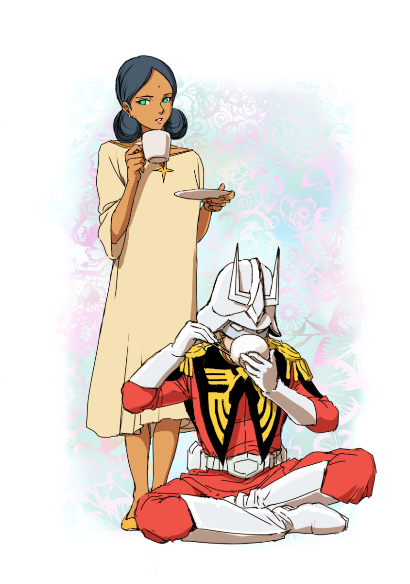 1boy 1girl aqua_eyes bangs black_hair boots char_aznable chopsticks cup dark_skin dress earrings eating full_body gloves grey_dress gundam helmet highres holding holding_chopsticks holding_cup holding_plate indian_style jacket jewelry lalah_sune looking_at_viewer military military_jacket military_uniform mobile_suit_gundam pants parted_bangs plate red_jacket red_pants short_hair sitting standing teikoku_jokyoku uniform white_background white_footwear white_gloves