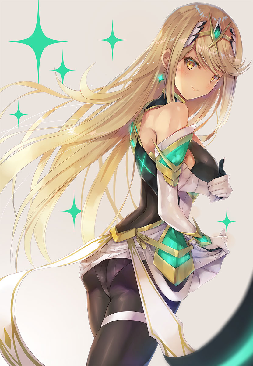 1girl armor ass bangs bare_shoulders blonde_hair blush breasts cleavage dress earrings floating_hair from_behind gloves highres mythra_(xenoblade) hinot jewelry large_breasts long_hair looking_at_viewer looking_back nintendo panties panties_under_pantyhose pantyhose pointing short_hair sidelocks simple_background smile solo sparkle swept_bangs tiara underwear white_panties xenoblade_(series) xenoblade_2 yellow_eyes
