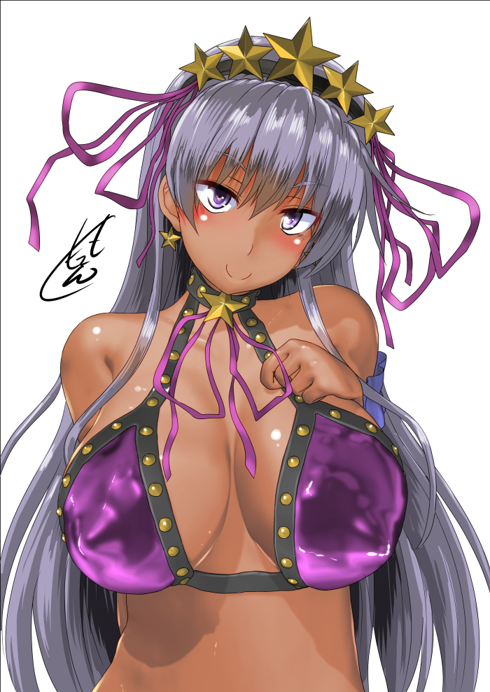 1girl arm_behind_back bangs bare_arms bare_shoulders blush breast_suppress breasts breasts_apart character_request closed_mouth dark_skin disconnected_mouth earrings eyebrows_visible_through_hair fate_(series) grey_hair hair_spread_out hand_up head_tilt jewelry large_breasts long_hair looking_at_viewer midriff nokishita_kumoemon purple_ribbon ribbon shiny shiny_hair shiny_skin signature smile solo star star_earrings straight_hair tsurime upper_body very_dark_skin very_long_hair