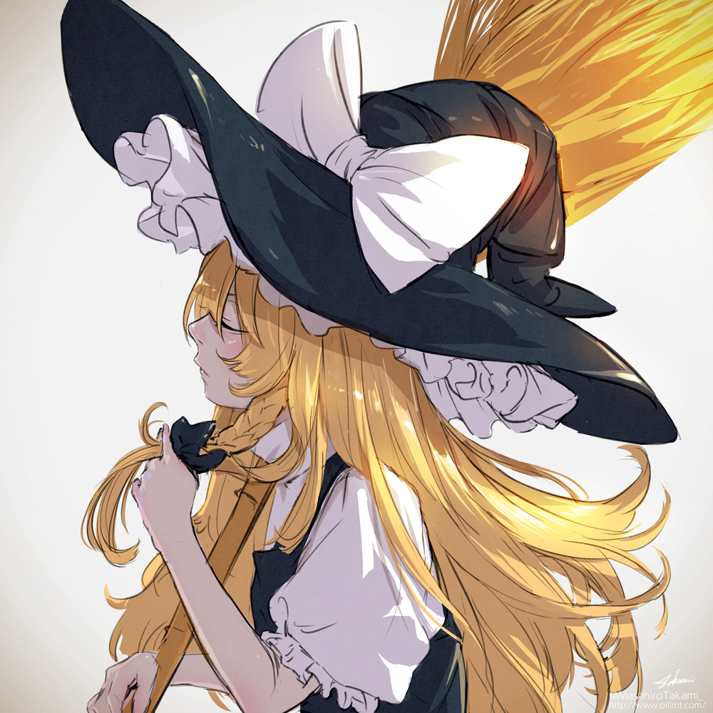 1girl bangs bare_arms black_bow black_vest blonde_hair bow braid broom closed_eyes closed_mouth frilled_hat frilled_sleeves frills from_side grey_background hair_bow hand_up hat hat_bow holding holding_hair kirisame_marisa long_hair over_shoulder parted_bangs profile short_sleeves side_braid signature simple_background single_braid solo takami_masahiro touhou upper_body vest watermark web_address white_bow witch_hat