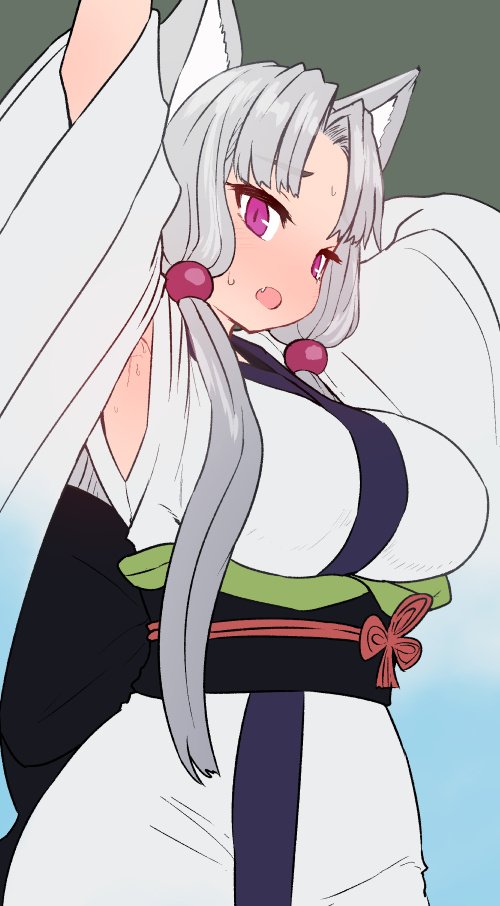 1girl animal_ears armpits bangs blush breasts commentary_request detached_sleeves eyebrows_visible_through_hair fang grey_background grey_hair grey_kimono hand_up japanese_clothes kimono large_breasts long_hair long_sleeves looking_at_viewer obi open_mouth parted_bangs sash simple_background slit_pupils solo standing sumiyao_(amam) sweatdrop touhoku_itako very_long_hair violet_eyes voiceroid wide_sleeves