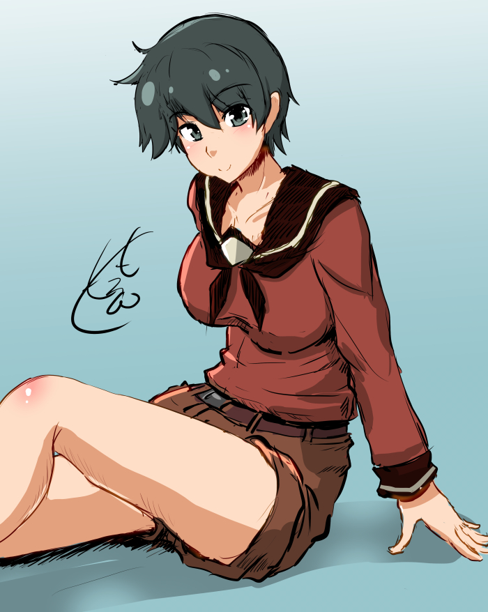 1girl arm_support bangs bare_legs blush body_blush breasts brown_shorts character_request closed_mouth commentary_request eyebrows_visible_through_hair grey_eyes grey_hair high-waist_shorts high_belt kantai_collection knee_up large_breasts leaning_forward long_legs long_sleeves looking_at_viewer mogami_(kantai_collection) neckerchief nokishita_kumoemon red_neckwear red_sailor_collar red_shirt sailor_collar sailor_shirt shirt shirt_tucked_in short_hair short_shorts shorts signature sketch sketch_eyebrows smile solo very_short_hair