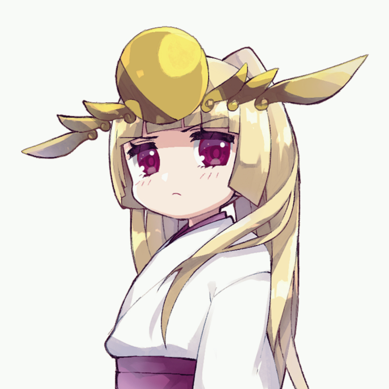 &gt;:( 1girl bangs blonde_hair blunt_bangs blush closed_mouth grey_background headgear japanese_clothes kimono light_frown long_hair looking_at_viewer looking_to_the_side obi pikomarie puzzle_&amp;_dragons sash simple_background solo v-shaped_eyebrows very_long_hair violet_eyes white_kimono yomi_(p&amp;d)