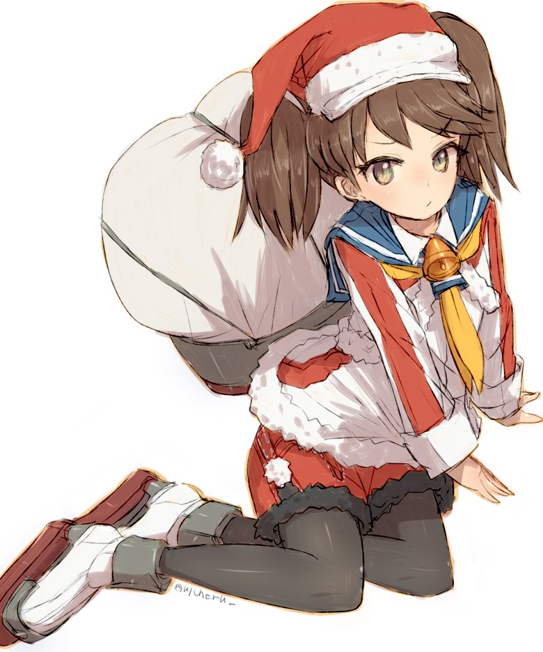 1girl alchera alternate_costume bell black_legwear blue_sailor_collar brown_eyes brown_hair commentary_request fur-trimmed_shorts fur_trim hat kantai_collection looking_at_viewer neckerchief pantyhose red_shorts ryuujou_(kantai_collection) sack sailor_collar santa_hat shorts simple_background sitting solo twintails white_background yellow_neckwear yokozuwari