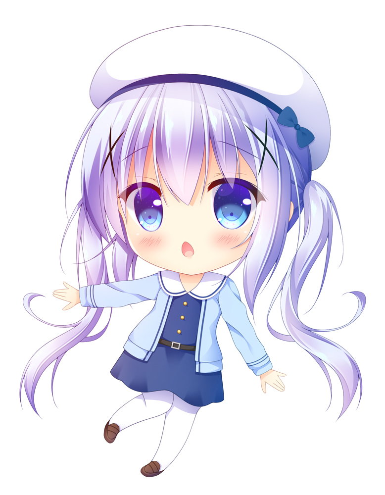 1girl bangs beret blue_dress blue_eyes blue_jacket blush brown_footwear chestnut_mouth chibi commentary_request dress eyebrows_visible_through_hair full_body gochuumon_wa_usagi_desu_ka? hair_between_eyes hair_ornament hat jacket kafuu_chino loafers long_hair long_sleeves open_clothes open_jacket open_mouth pantyhose purple_hair sailor_collar sailor_dress shoes simple_background solo twintails very_long_hair white_background white_hat white_legwear white_sailor_collar x_hair_ornament yukatama