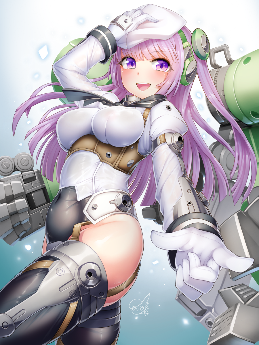 &gt;:d 1girl beret black_legwear blush breasts commentary_request covered_navel doyouwantto frame_arms_girl garter_straps gloves greifen hair_ornament hand_on_own_head hat highres large_breasts long_hair long_sleeves looking_at_viewer mecha_musume purple_hair signature solo thigh-highs violet_eyes white_gloves