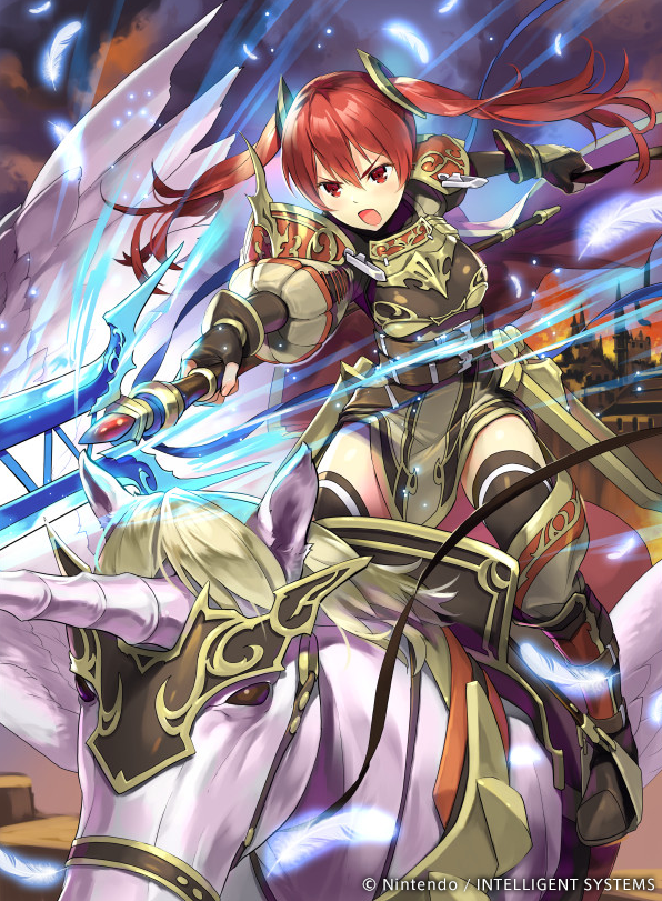 1girl action armor armored_boots black_legwear boots breastplate feathers fire fire_emblem fire_emblem:_kakusei fire_emblem_cipher full_body hmk84 lance long_hair nintendo official_art open_mouth pegasus pegasus_knight polearm red_eyes redhead selena_(fire_emblem) solo thigh-highs twintails watermark weapon zettai_ryouiki