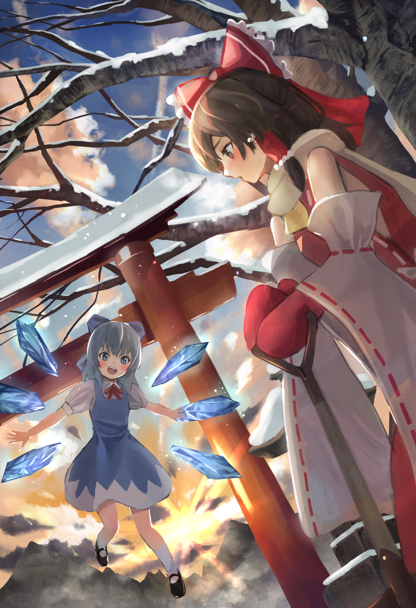 2girls bare_tree black_footwear black_hair blue_dress blue_eyes blue_hair blush bow breath brown_eyes cirno clouds cowboy_shot cravat detached_sleeves diffraction_spikes dress dutch_angle flying from_below from_side hair_bow hair_tubes hakurei_reimu hands_together highres holding_shovel long_hair looking_at_another looking_to_the_side maachi_(fsam4547) mary_janes mittens mountain multiple_girls neck_ribbon open_mouth orange_sky outstretched_arms pinafore_dress profile puffy_short_sleeves puffy_sleeves red_mittens red_neckwear red_ribbon red_skirt red_vest ribbon ribbon-trimmed_sleeves ribbon_trim scarf shirt shoes short_hair short_sleeves shovel sidelocks skirt sky snow snow_shovel socks spread_arms sunset torii touhou tree upper_teeth vest white_legwear white_scarf white_shirt wings winter yellow_neckwear