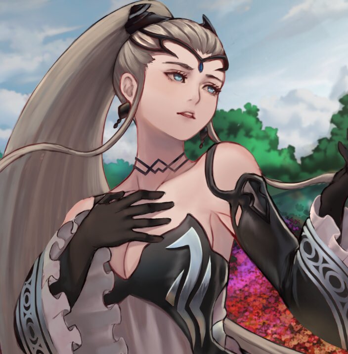 1girl black_choker black_dress black_gloves blue_eyes breasts choker cleavage clouds collarbone commentary day dress earrings eir_(fire_emblem) english_commentary field fire_emblem fire_emblem_heroes flower flower_field gloves grey_hair hair_ornament hair_ribbon hand_on_own_chest headgear jewelry kaejunni long_hair medium_breasts nintendo open_mouth ponytail ribbon sky solo tree very_long_hair