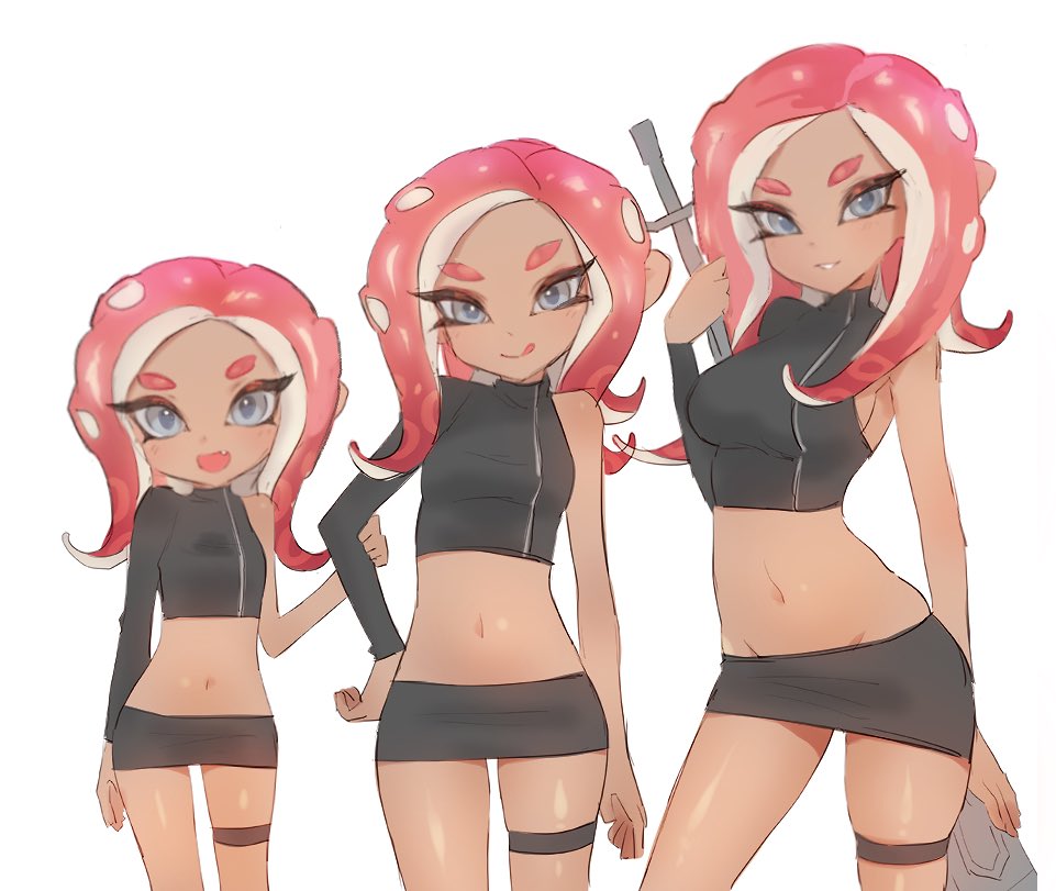 3girls age_progression agent_8 arm_at_side arm_hug black_skirt breasts crop_top fang groin hand_on_hip jtveemo licking_lips light_blush looking_at_viewer medium_hair midriff miniskirt multiple_girls multiple_persona navel octoling open_mouth parted_lips shiny shiny_skin sideboob simple_background single_sleeve skirt smile splatoon splatoon_(series) splatoon_2 splatoon_2:_octo_expansion squidbeak_splatoon suction_cups tentacle_hair thigh_gap thigh_strap tongue tongue_out zipper