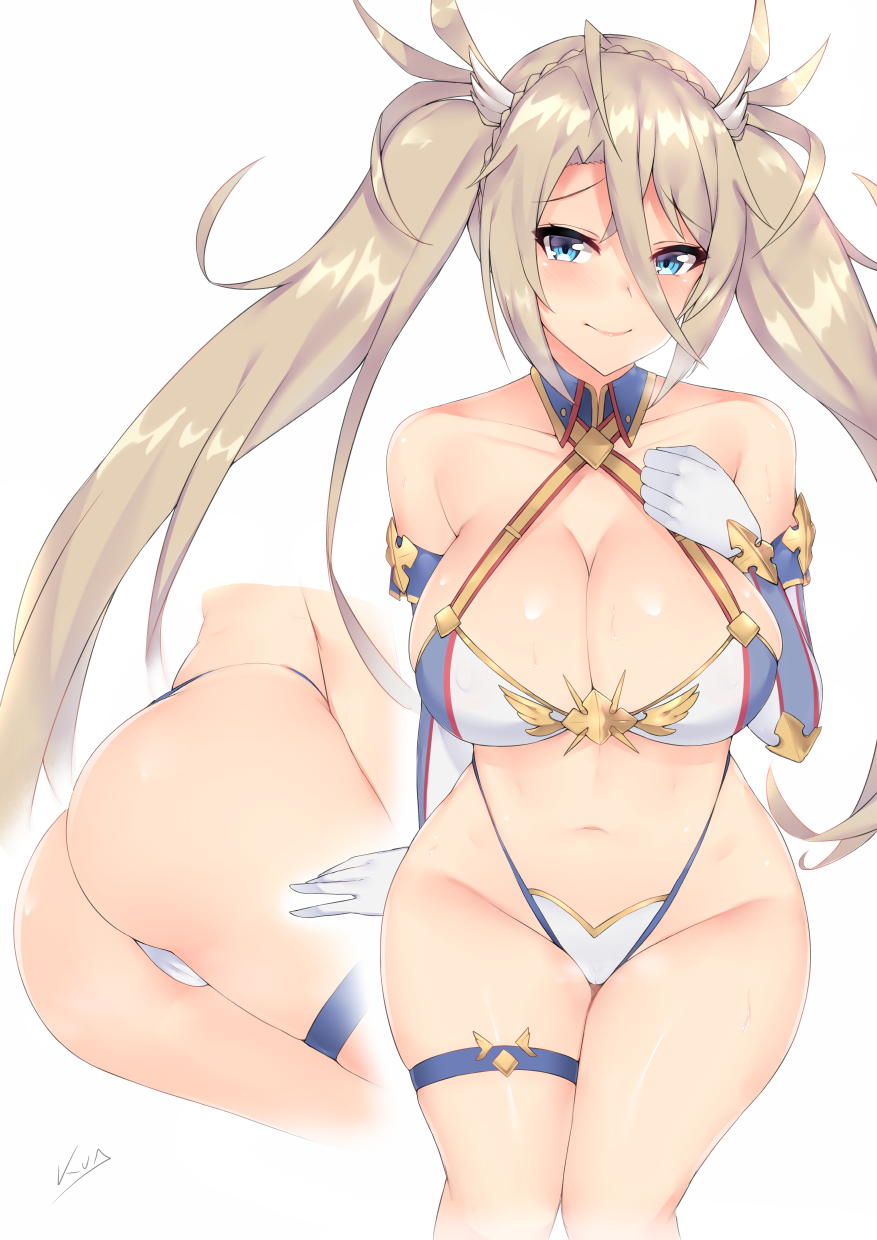 1girl adapted_costume arm_support ass bangs blonde_hair blue_eyes blush bradamante_(fate/grand_order) braid breasts cleavage collarbone commentary_request elbow_gloves fate/grand_order fate_(series) french_braid gloves groin hair_between_eyes hair_ribbon hand_up highres hips huge_ass kuavera large_breasts long_hair looking_at_viewer multiple_views navel ribbon signature simple_background sitting smile solo stomach thick_thighs thigh_strap thighs twintails very_long_hair wide_hips