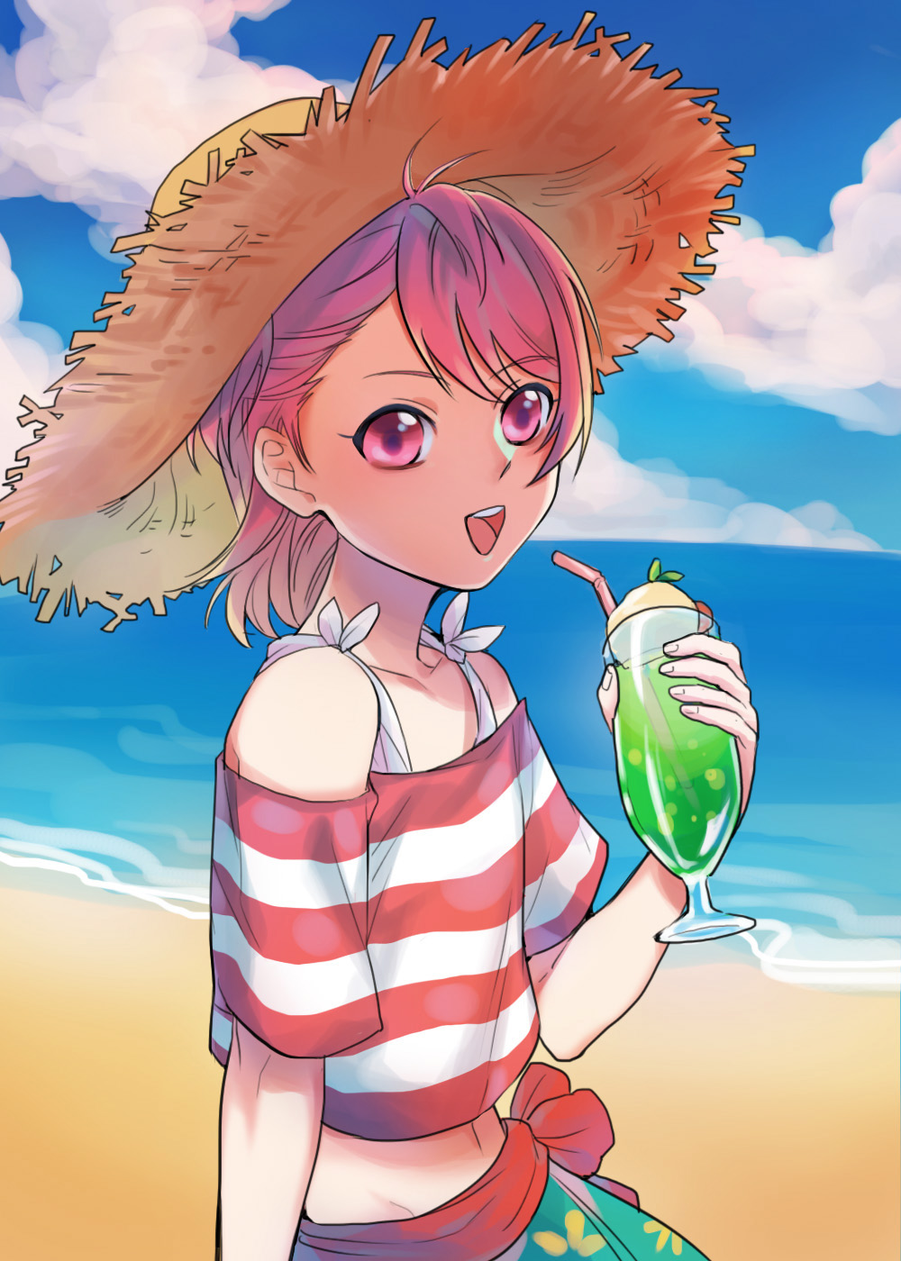 1boy androgynous beach blush clouds dinn_(db317) drink glass hat highres king_of_prism_by_prettyrhythm looking_at_viewer male_focus midriff navel open_mouth otoko_no_ko outdoors pink_eyes pink_hair pretty_rhythm saionji_reo sky smile solo straw straw_hat sun_hat water