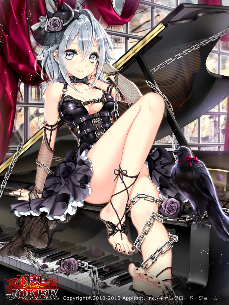 1girl ankle_lace-up arm_support bare_shoulders barefoot belt bird birdcage black_dress black_nails breasts breasts_apart cage chains closed_mouth cocoon_(loveririn) commentary_request cross-laced_footwear day detached_sleeves dress ear_piercing feet feet_out_of_frame flower furyou_michi_~gang_road~ grey_eyes hair_between_eyes hair_flip hand_in_hair hand_up hat hat_flower indoors instrument jewelry knee_up korean_commentary lace large_breasts layered_dress legs light_particles looking_at_viewer mini_hat nail_polish official_art piano piercing purple_flower purple_rose reflection ring rose see-through short_hair silver_hair sitting sleeveless sleeveless_dress smile soles solo toe_ring toenail_polish toes window