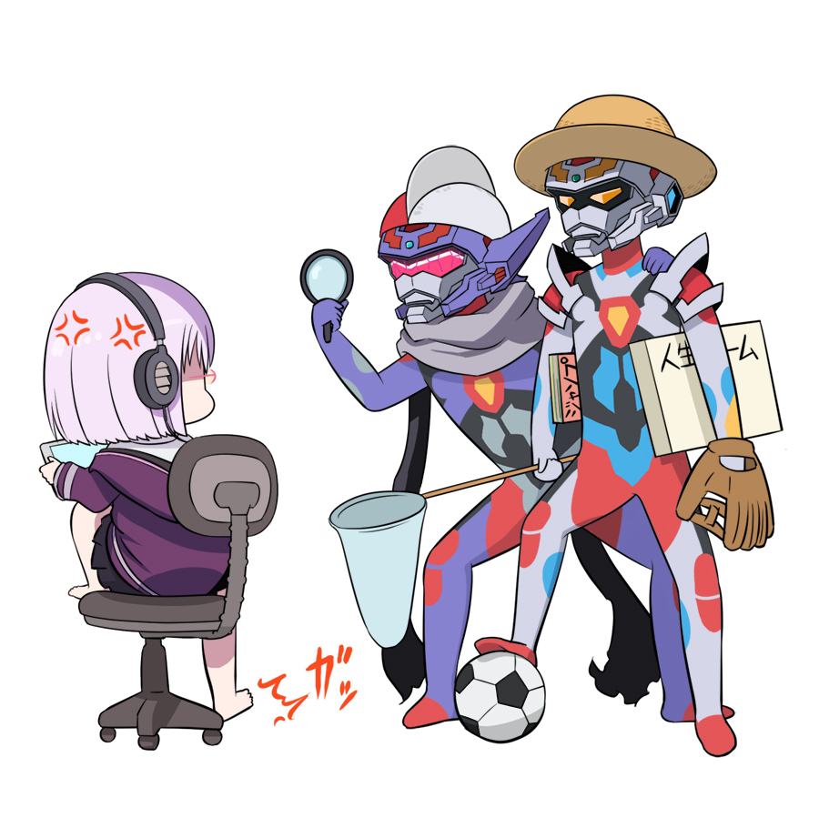 1girl 2boys anger_vein ball baseball_glove board_game butterfly_net chair chibi denden glasses gridknight_(ssss.gridman) gridman_(ssss) hand_net hat headphones magnifying_glass multiple_boys scarf shinjou_akane simple_background sitting soccer_ball ssss.gridman straw_hat tablet_pc white_background